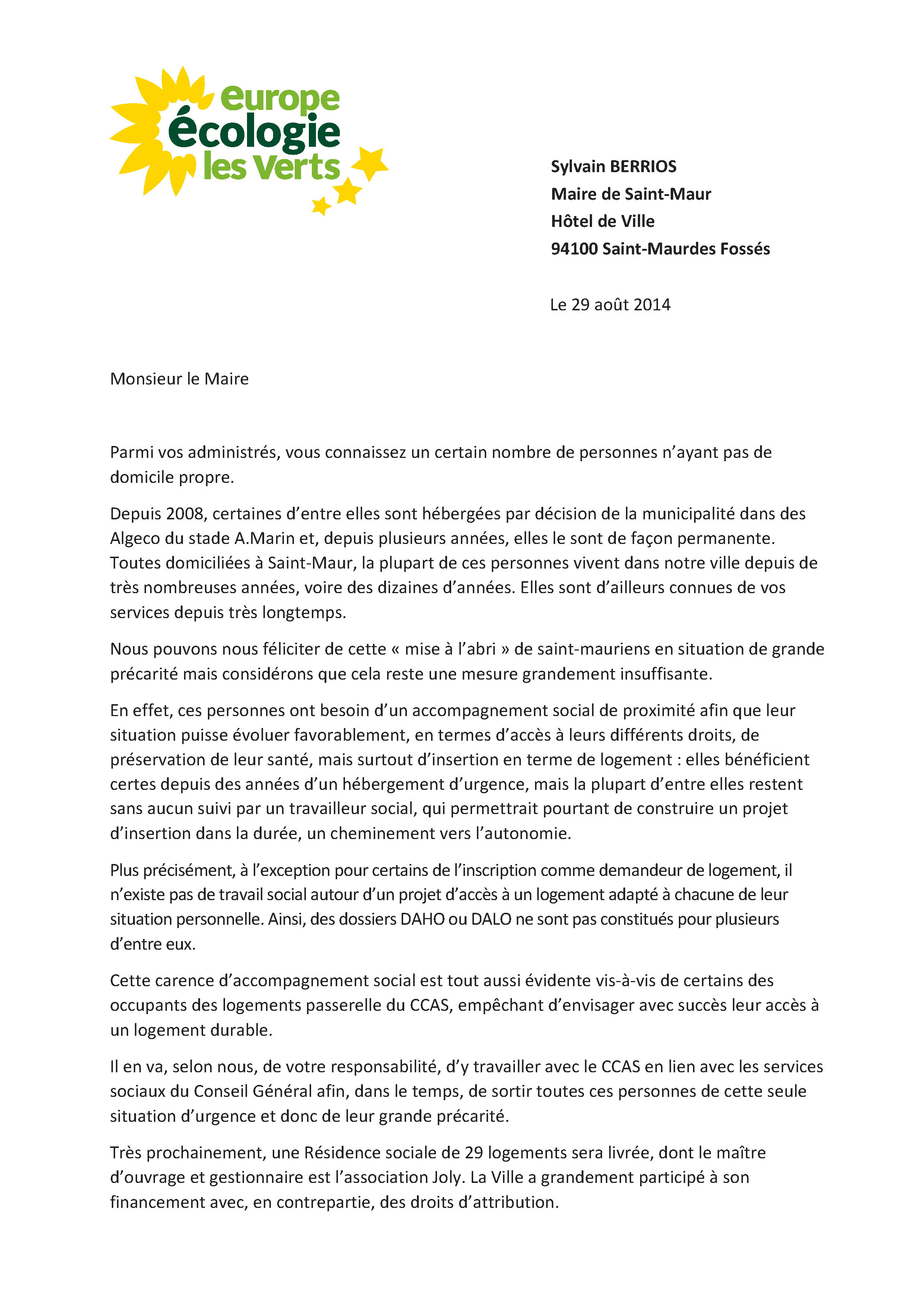 Lettre ouverte Hébergement d'Urgence